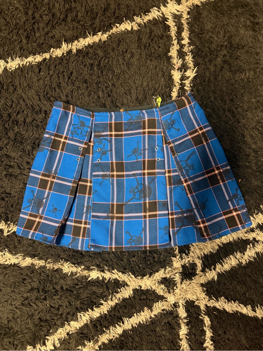 Blue Plaid Pleated Mini Skirt with Skull Accent